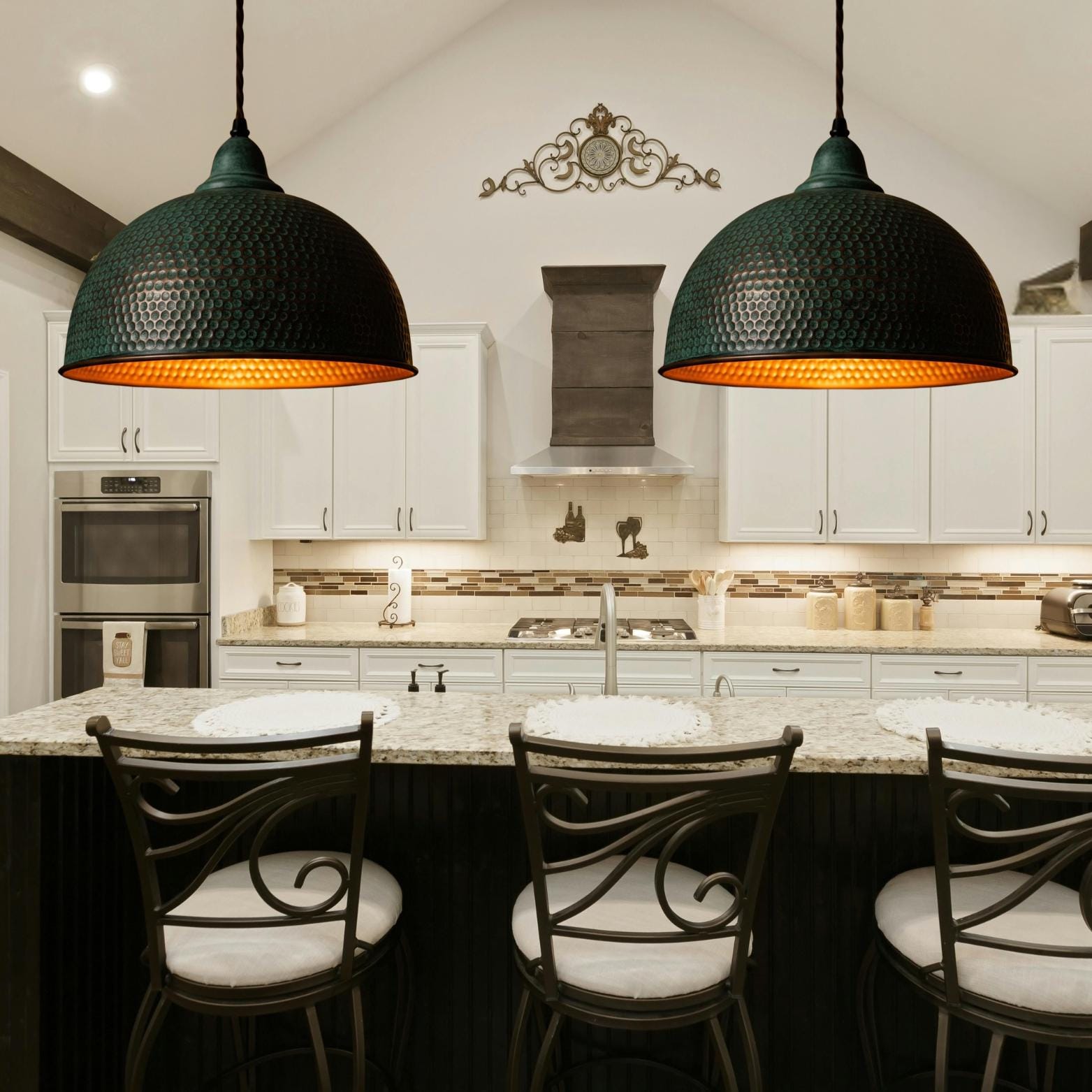 Hand Hammered Copper Bell Pendant Light: Green Patina Honeycomb Lamp