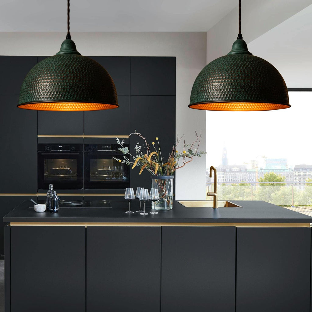 Hand Hammered Copper Bell Pendant Light: Green Patina Honeycomb Lamp