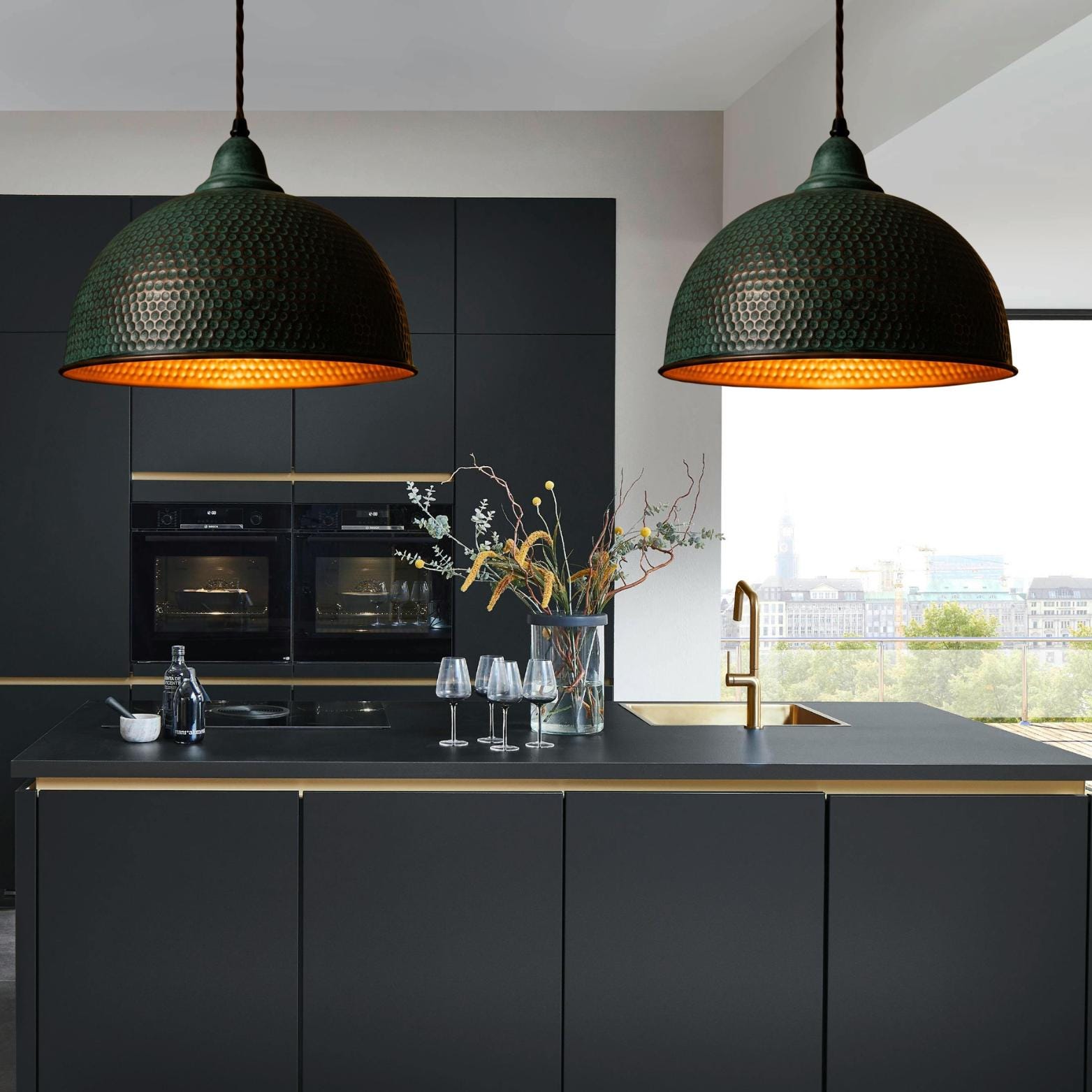 Hand Hammered Copper Bell Pendant Light: Green Patina Honeycomb Lamp