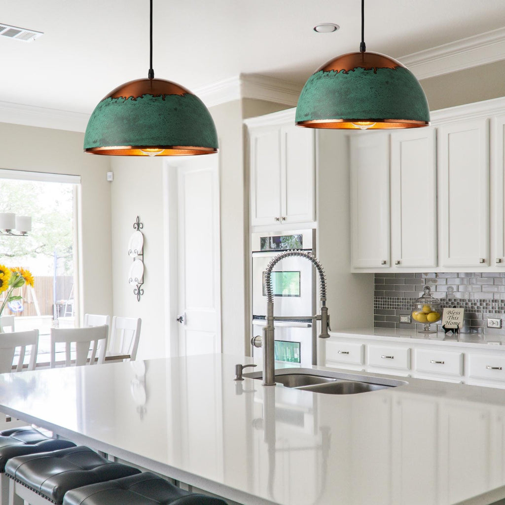 Copper Dome Pendant Light: Green Patina Drip, Coastal Kitchen Lighting