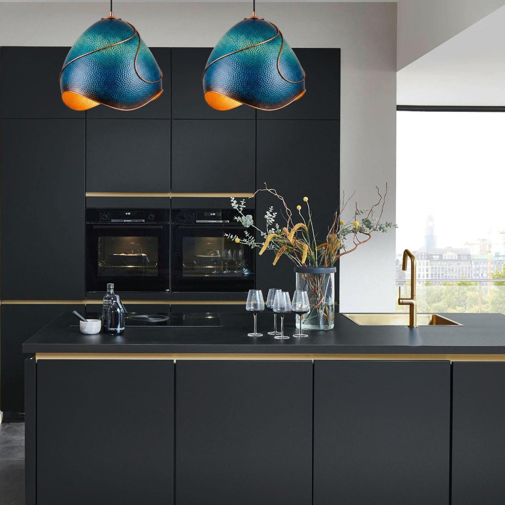 Hand-Hammered Copper Pendant Light: Blue Patina Statement Ceiling Fixture