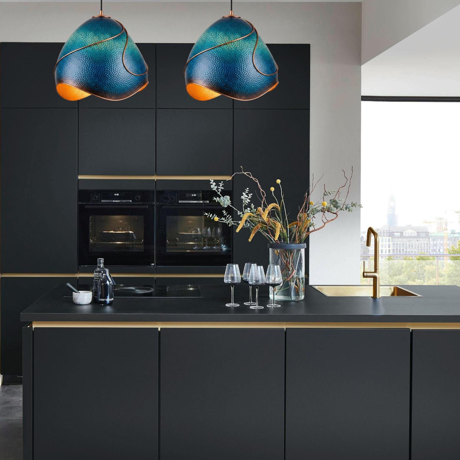 Hand-Hammered Copper Pendant Light: Blue Patina Statement Ceiling Fixture