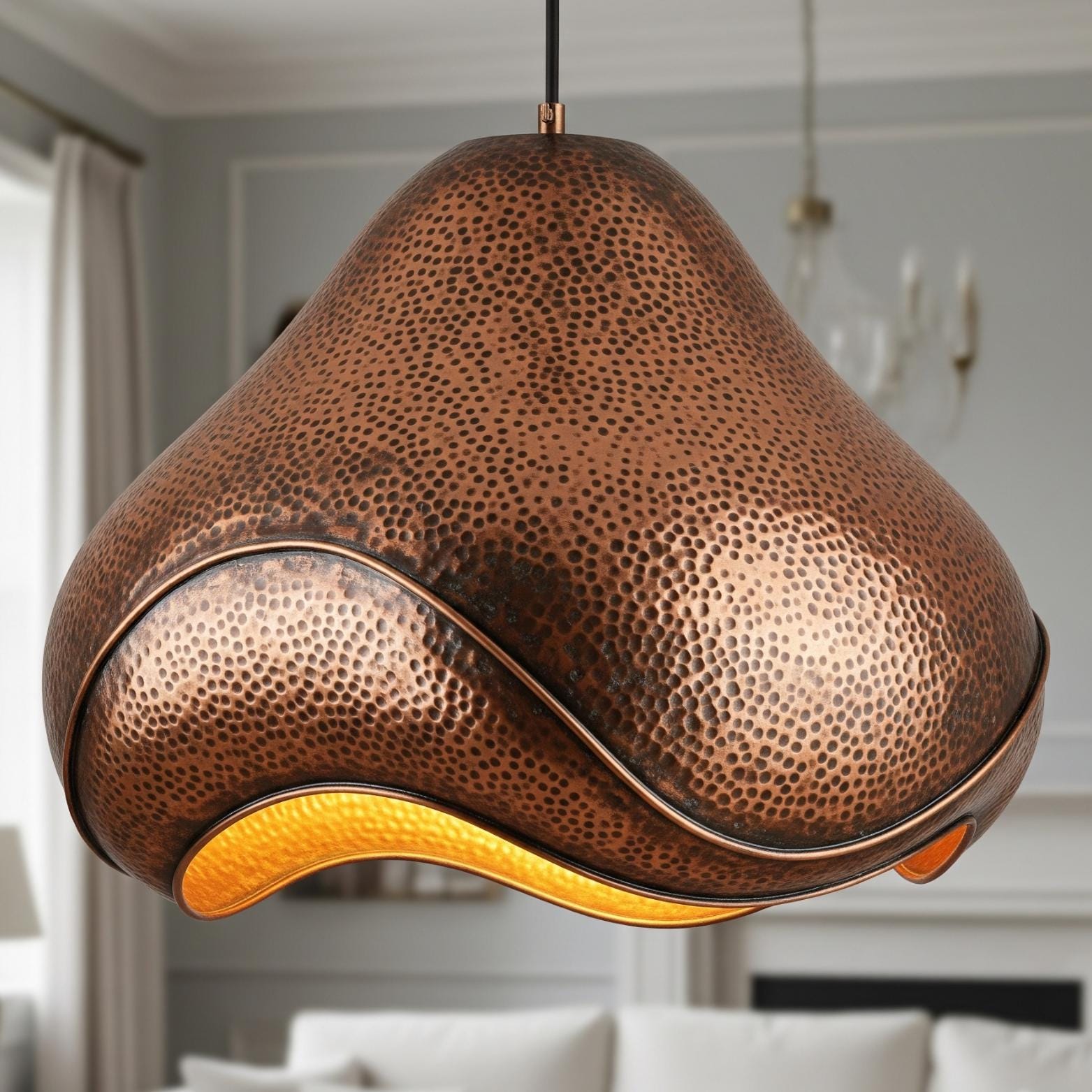 Hammered Copper Pendant Light: Moroccan Bell Lamp with Wave Detail