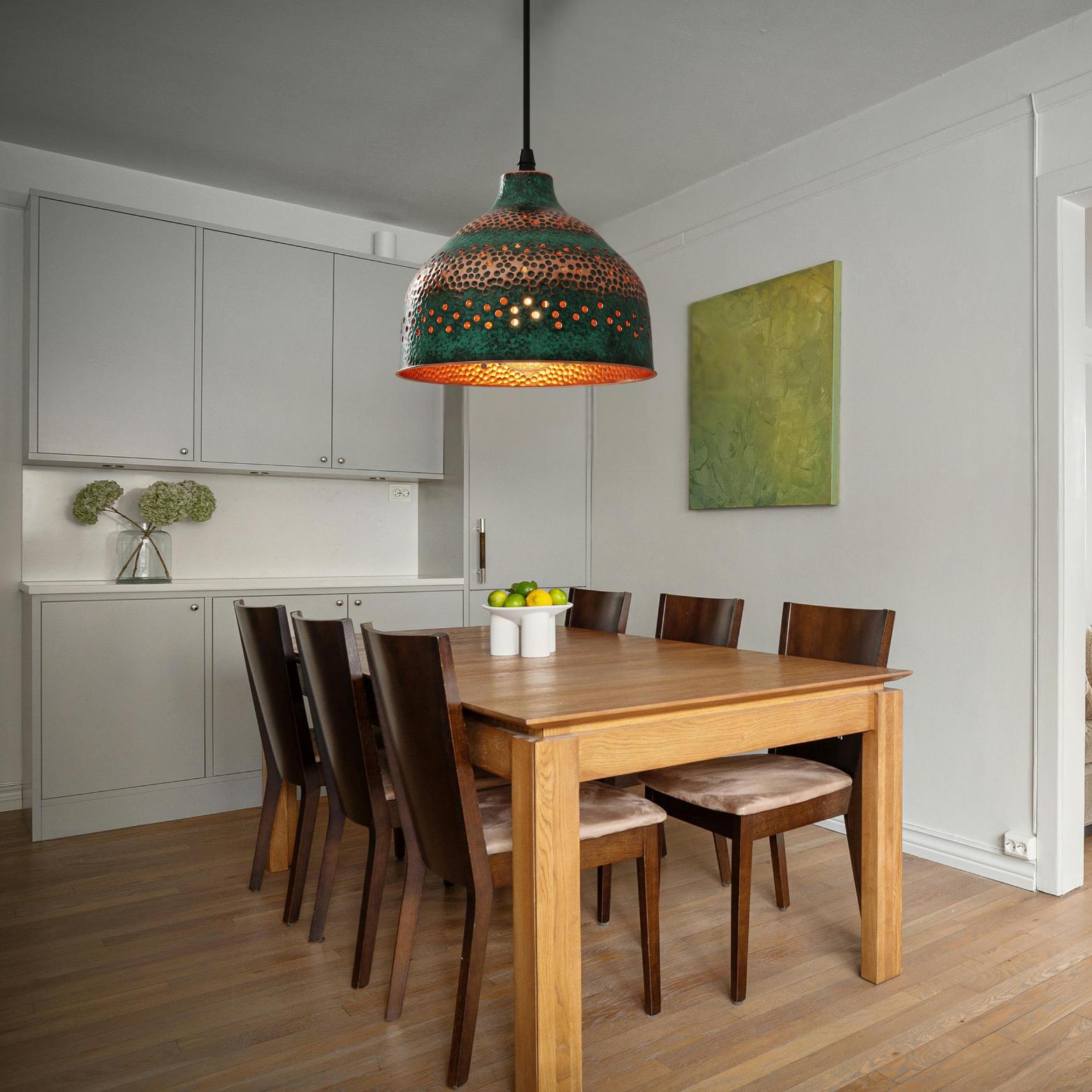 Blue Patina Copper Pendant Light: Rustic Dome Hanging Fixture