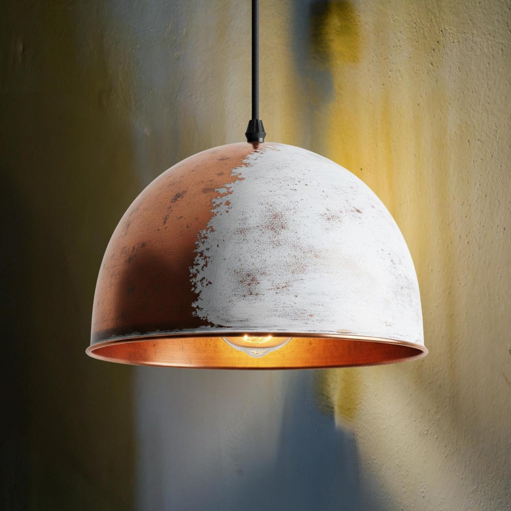 White Patina Copper Pendant Light: Hand-Hammered Dome Lamp, Coastal Modern