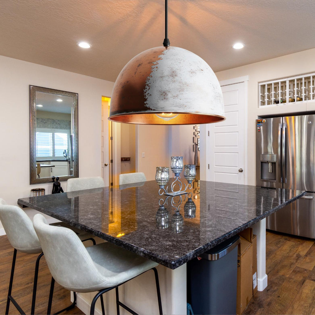 White Patina Copper Pendant Light: Hand-Hammered Dome Lamp, Coastal Modern