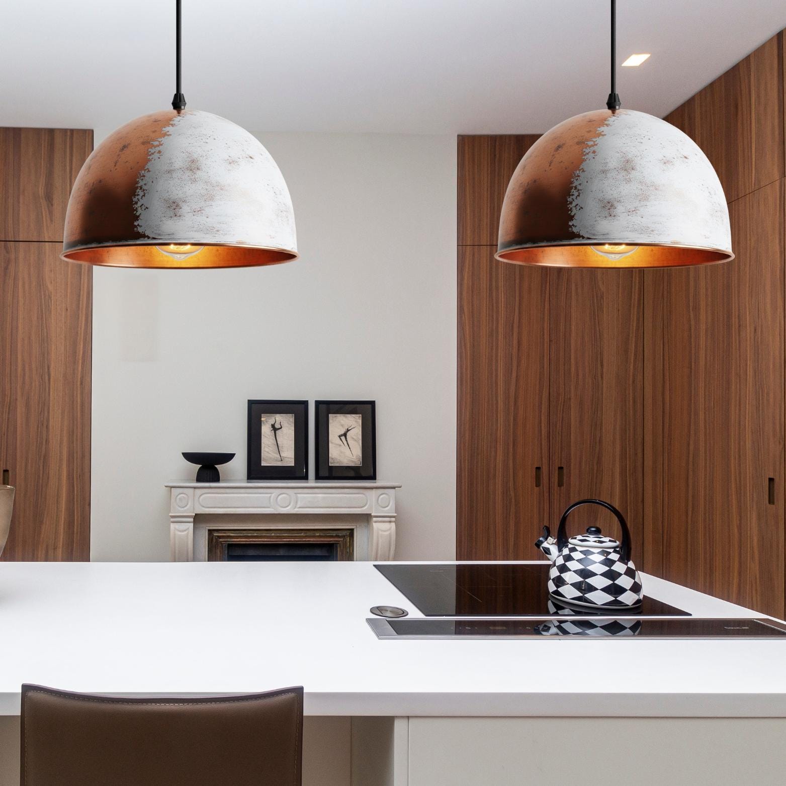White Patina Copper Pendant Light: Hand-Hammered Dome Lamp, Coastal Modern