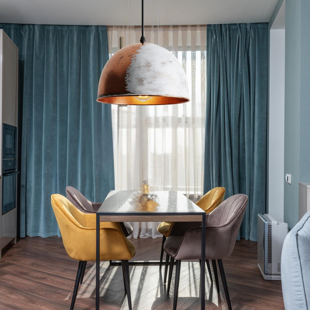 White Patina Copper Pendant Light: Hand-Hammered Dome Lamp, Coastal Modern