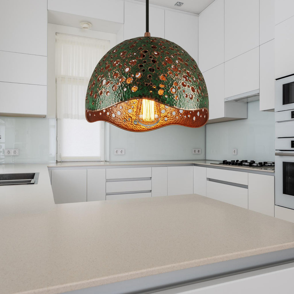Rustic Green Verdigris Dome Pendant, Hammered Copper Light, Farmhouse Chandelier, Industrial Kitchen Island Lighting