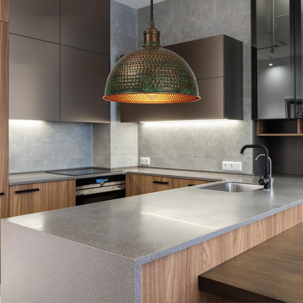 Honeycomb Pendant Light: Green Patina Copper Dome, Moroccan Lighting