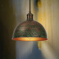 Honeycomb Pendant Light: Green Patina Copper Dome, Moroccan Lighting