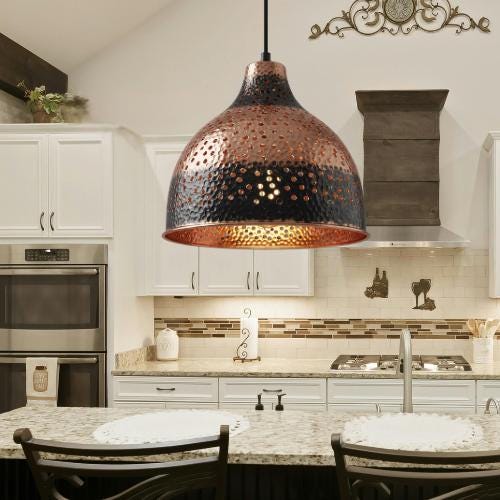 Hammered Copper Pendant Light: Black Dome, Pierced Starlight Design