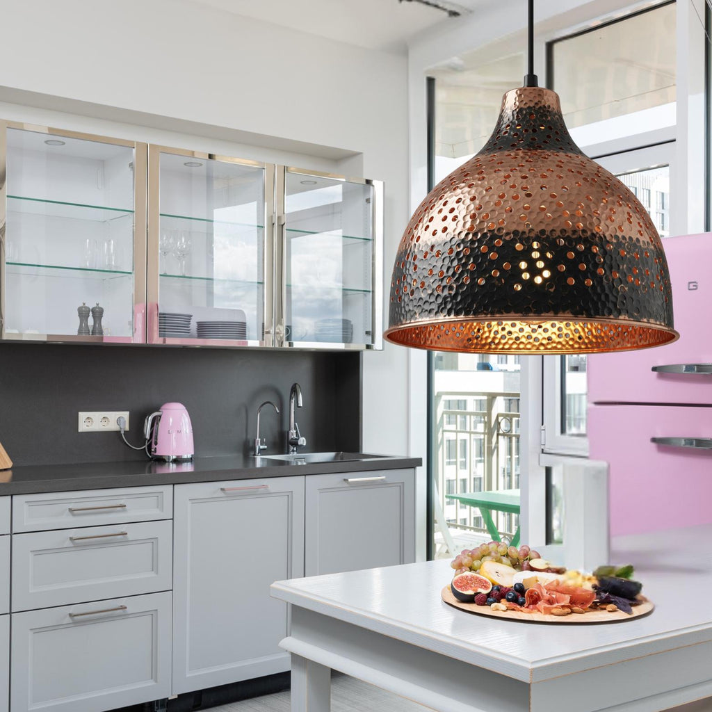 Hammered Copper Pendant Light: Black Dome, Pierced Starlight Design