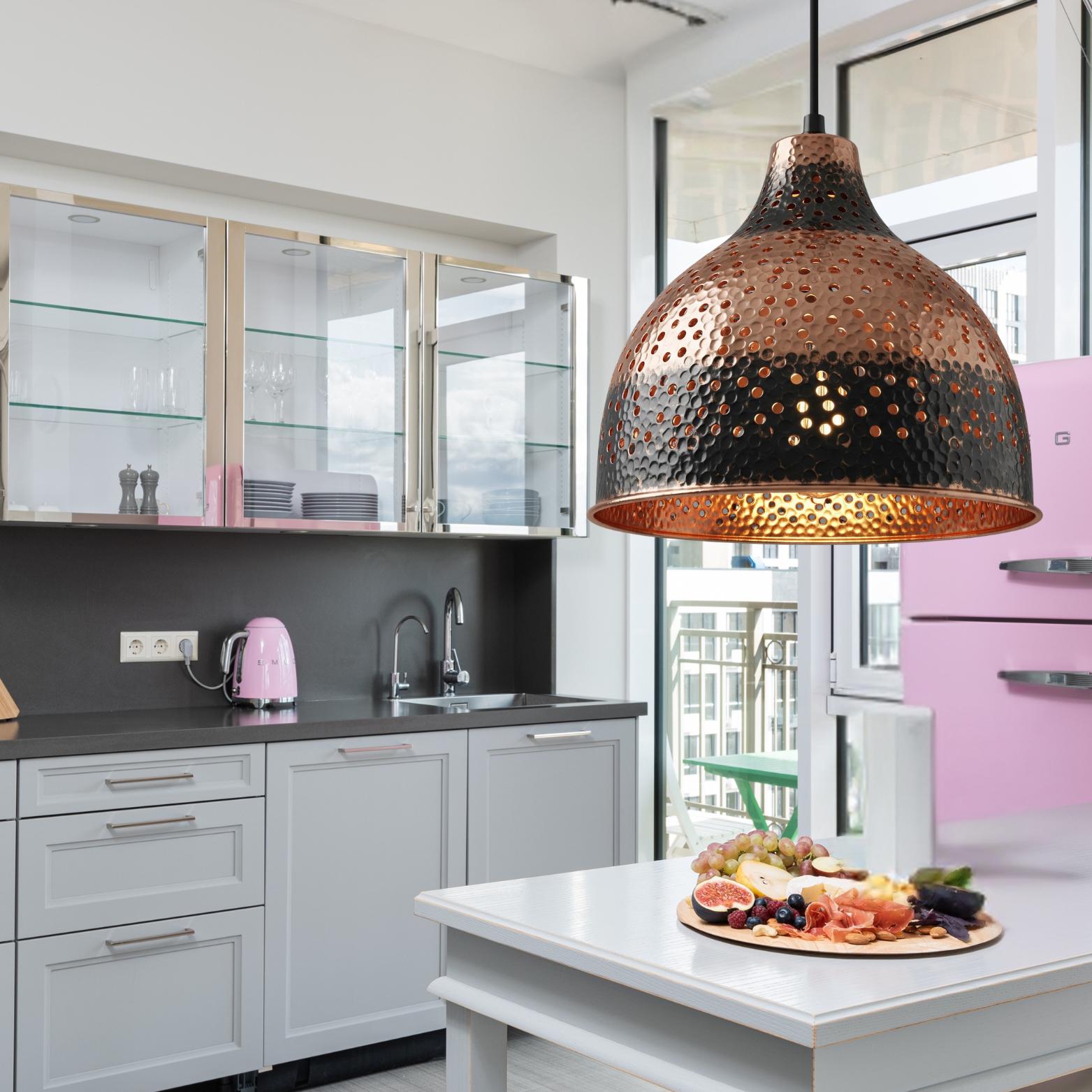 Hammered Copper Pendant Light: Black Dome, Pierced Starlight Design