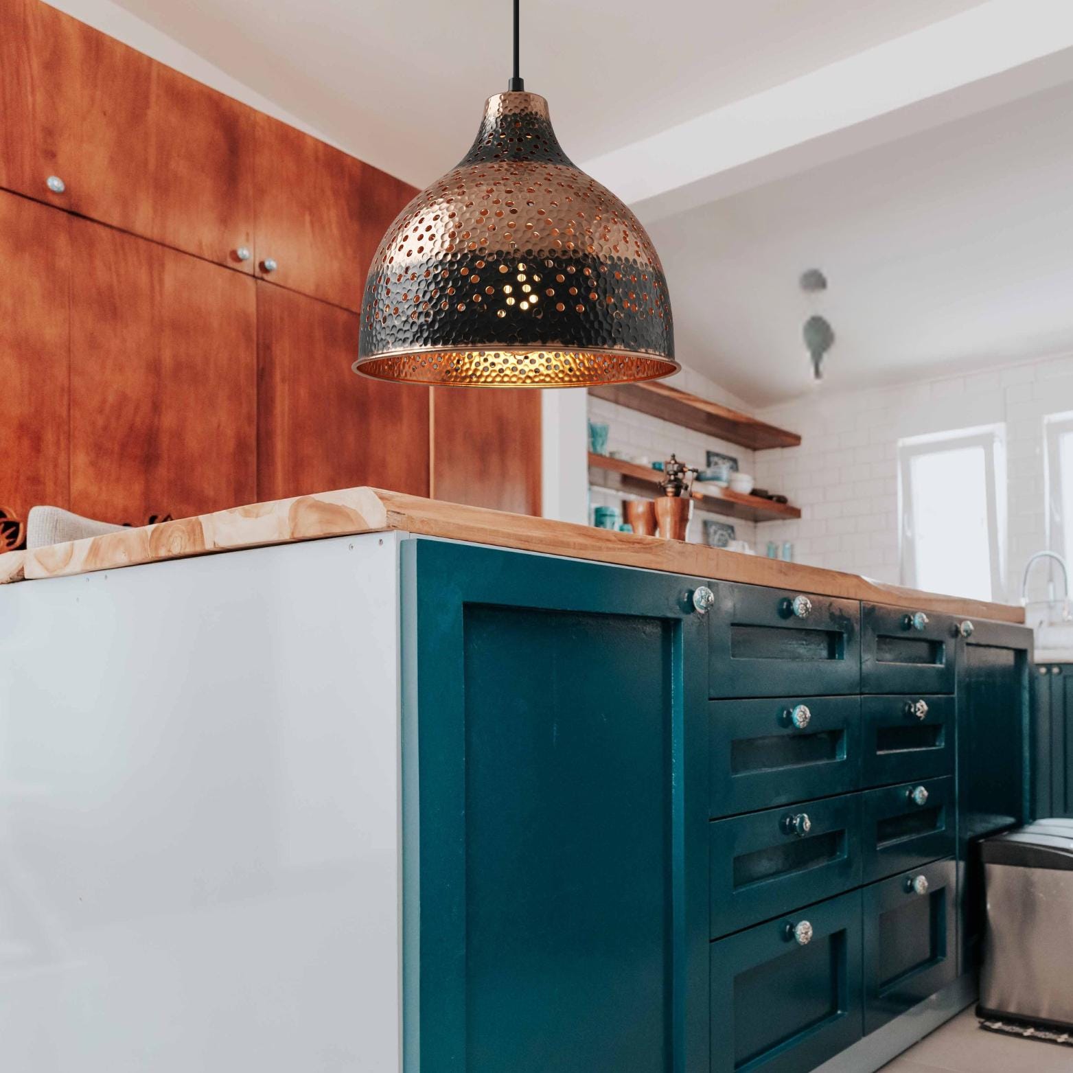 Hammered Copper Pendant Light: Black Dome, Pierced Starlight Design