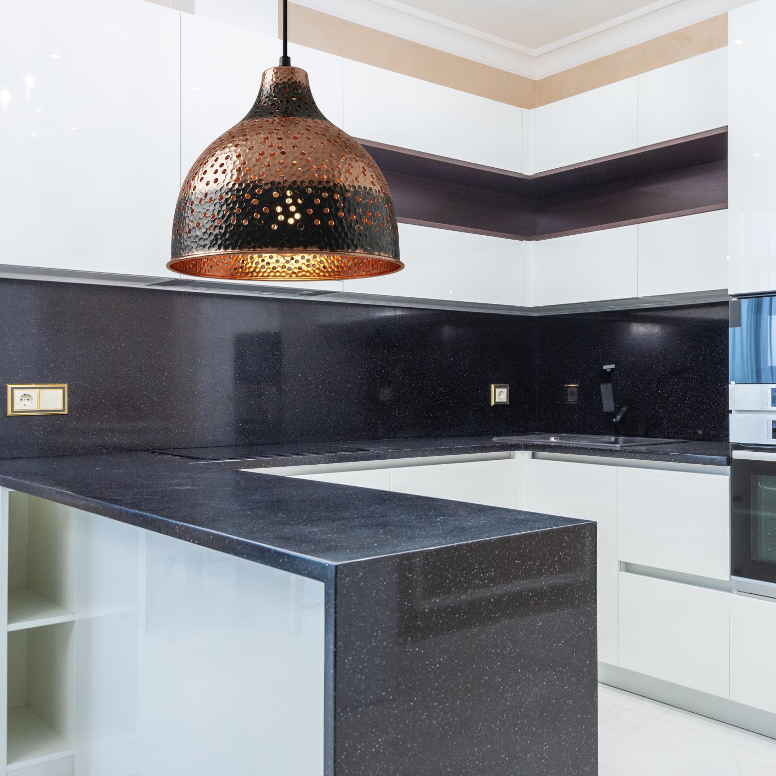 Hammered Copper Pendant Light: Black Dome, Pierced Starlight Design