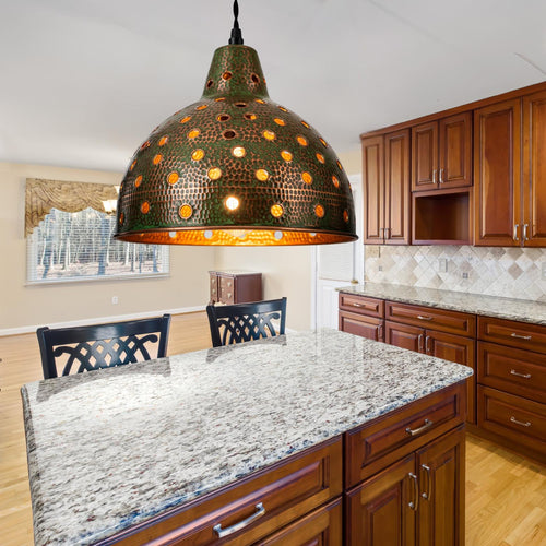 Green Patina Pierced Copper Pendant Light: Bohemian Farmhouse Lighting
