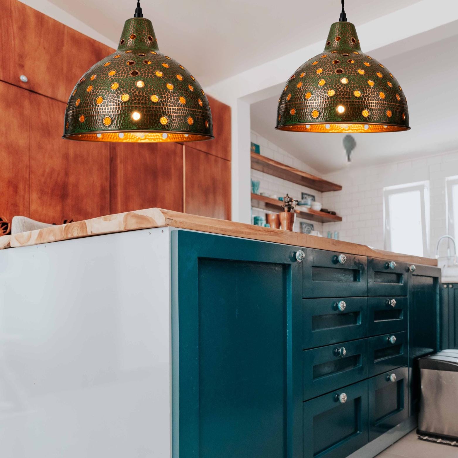 Green Patina Pierced Copper Pendant Light: Bohemian Farmhouse Lighting