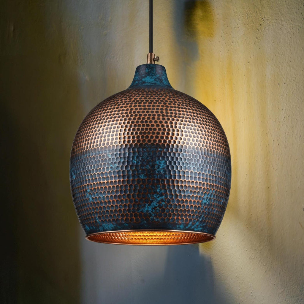 Blue Patina Honeycomb Pendant, Hammered Copper Gourd Lamp, Coastal Mediterranean Lighting, Moroccan Onion Dome