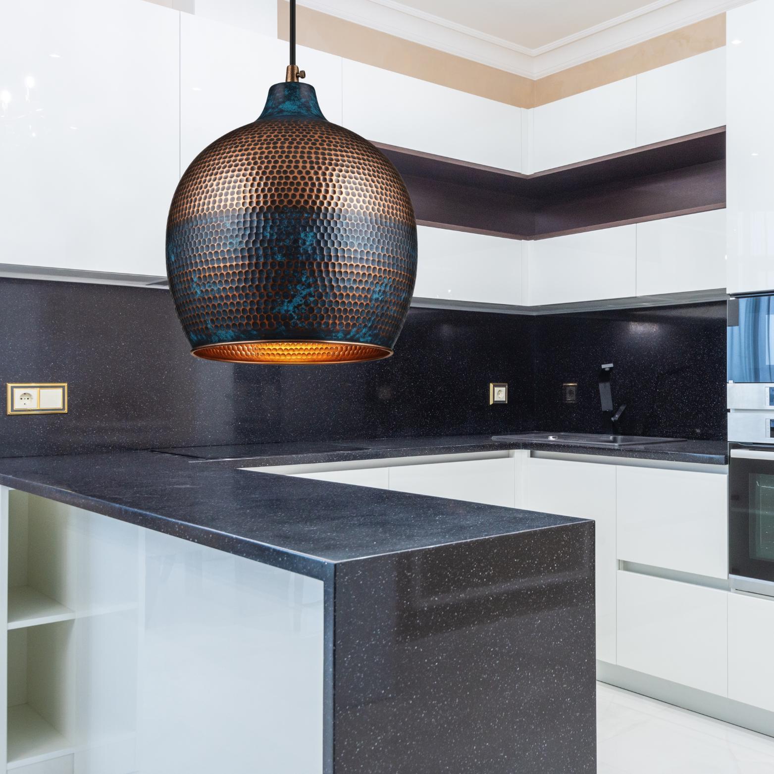Blue Patina Honeycomb Pendant, Hammered Copper Gourd Lamp, Coastal Mediterranean Lighting, Moroccan Onion Dome