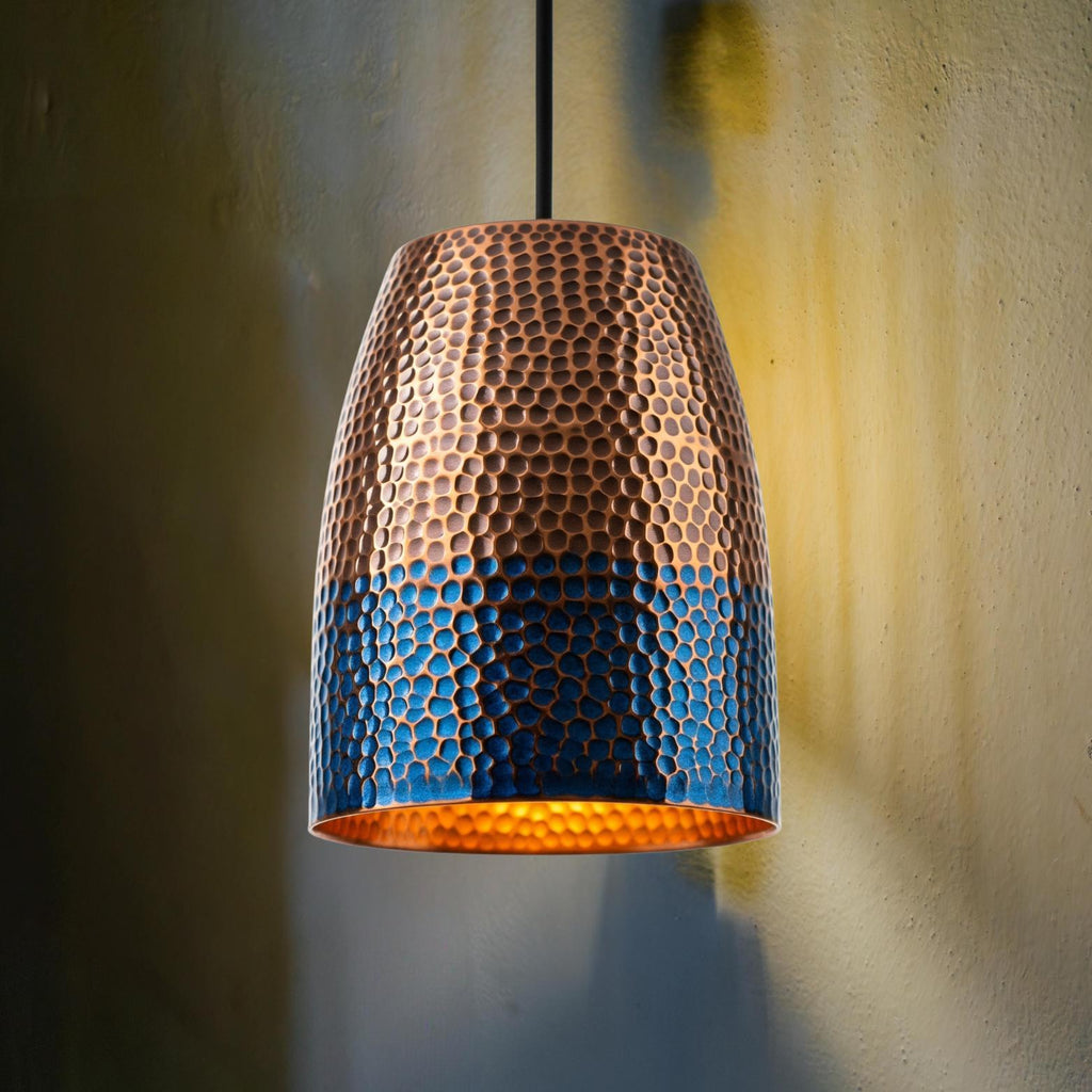 Hammered Copper Drum Pendant Light: Blue Patina Honeycomb Lamp, Coastal Lighting