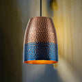Hammered Copper Drum Pendant Light: Blue Patina Honeycomb Lamp, Coastal Lighting