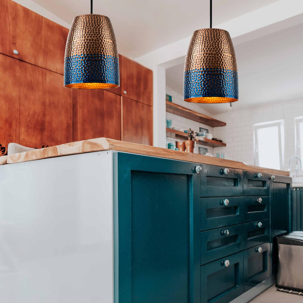Hammered Copper Drum Pendant Light: Blue Patina Honeycomb Lamp, Coastal Lighting