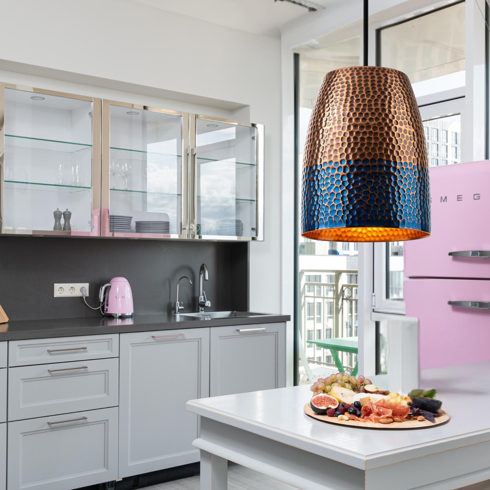 Hammered Copper Drum Pendant Light: Blue Patina Honeycomb Lamp, Coastal Lighting