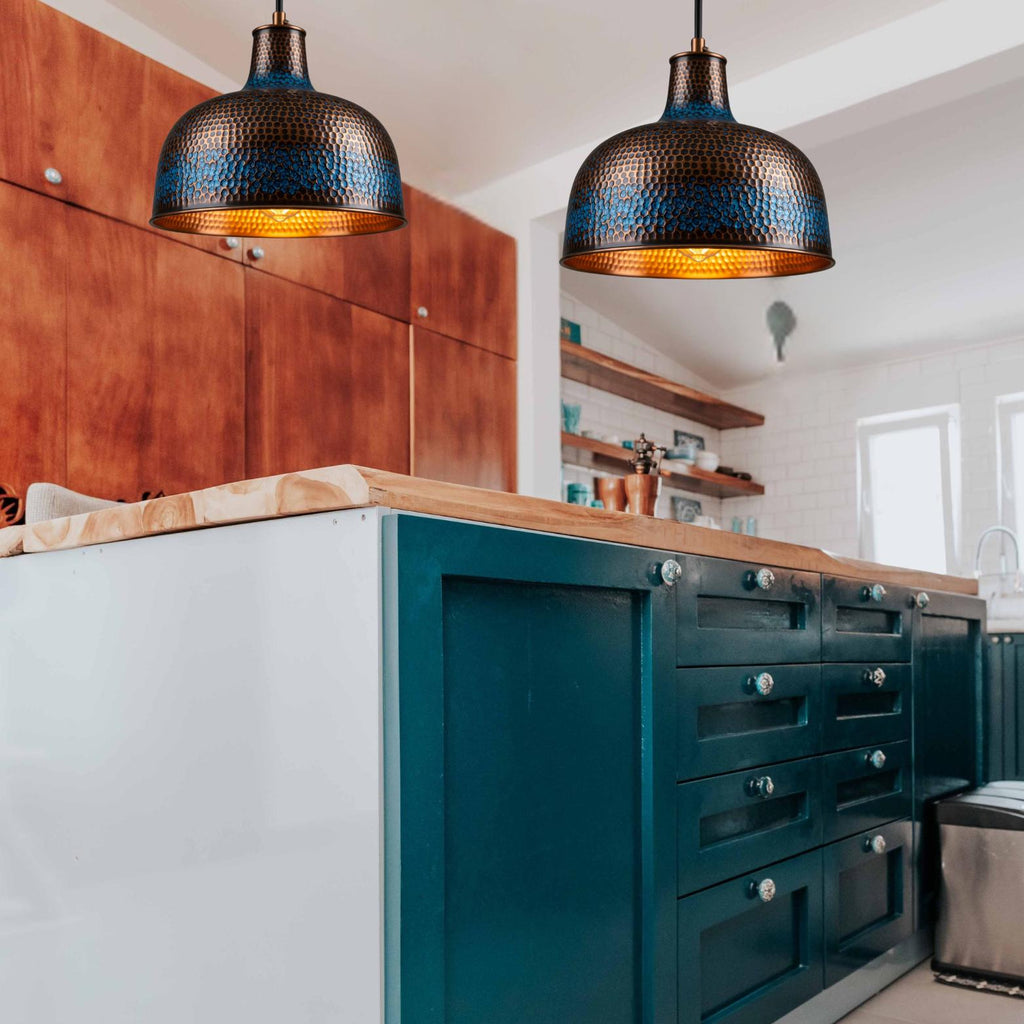 Blue Patina Bell Pendant Light: Moroccan Copper Honeycomb Lamp