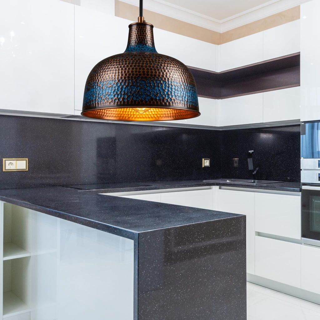 Blue Patina Bell Pendant Light: Moroccan Copper Honeycomb Lamp