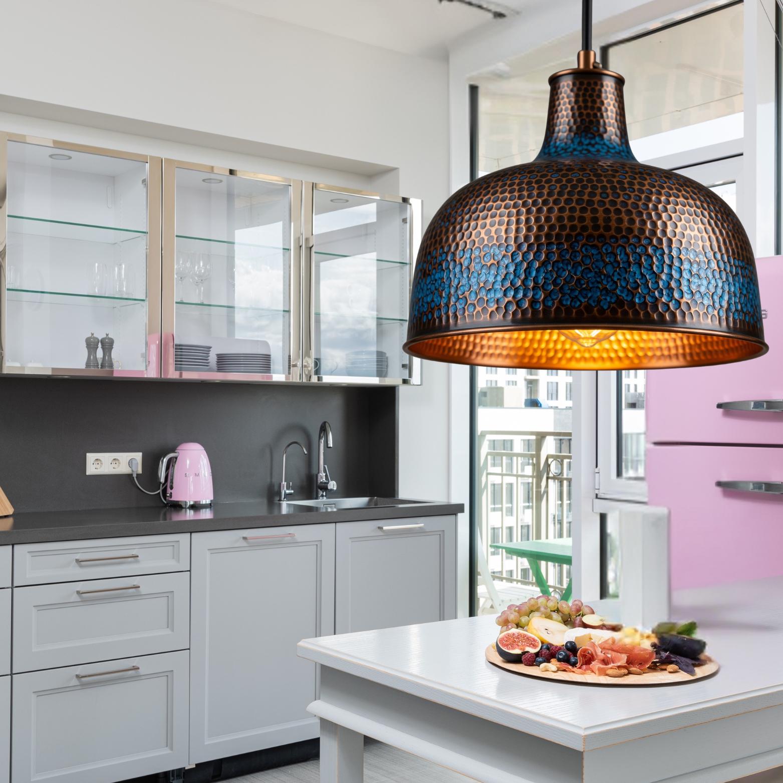 Blue Patina Bell Pendant Light: Moroccan Copper Honeycomb Lamp