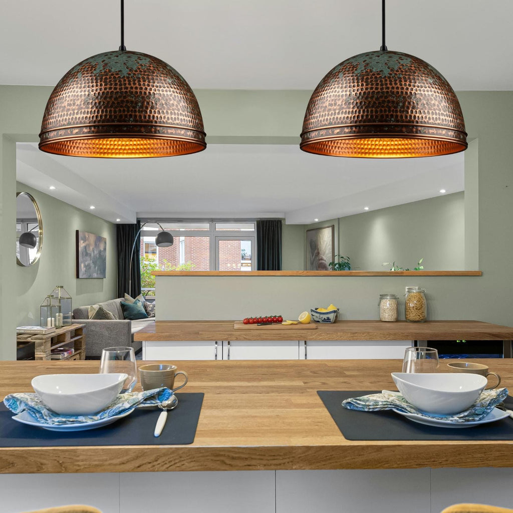 Hammered Honeycomb Dome Pendant, Polished Copper & Green Patina Light, Industrial Farmhouse Lamp
