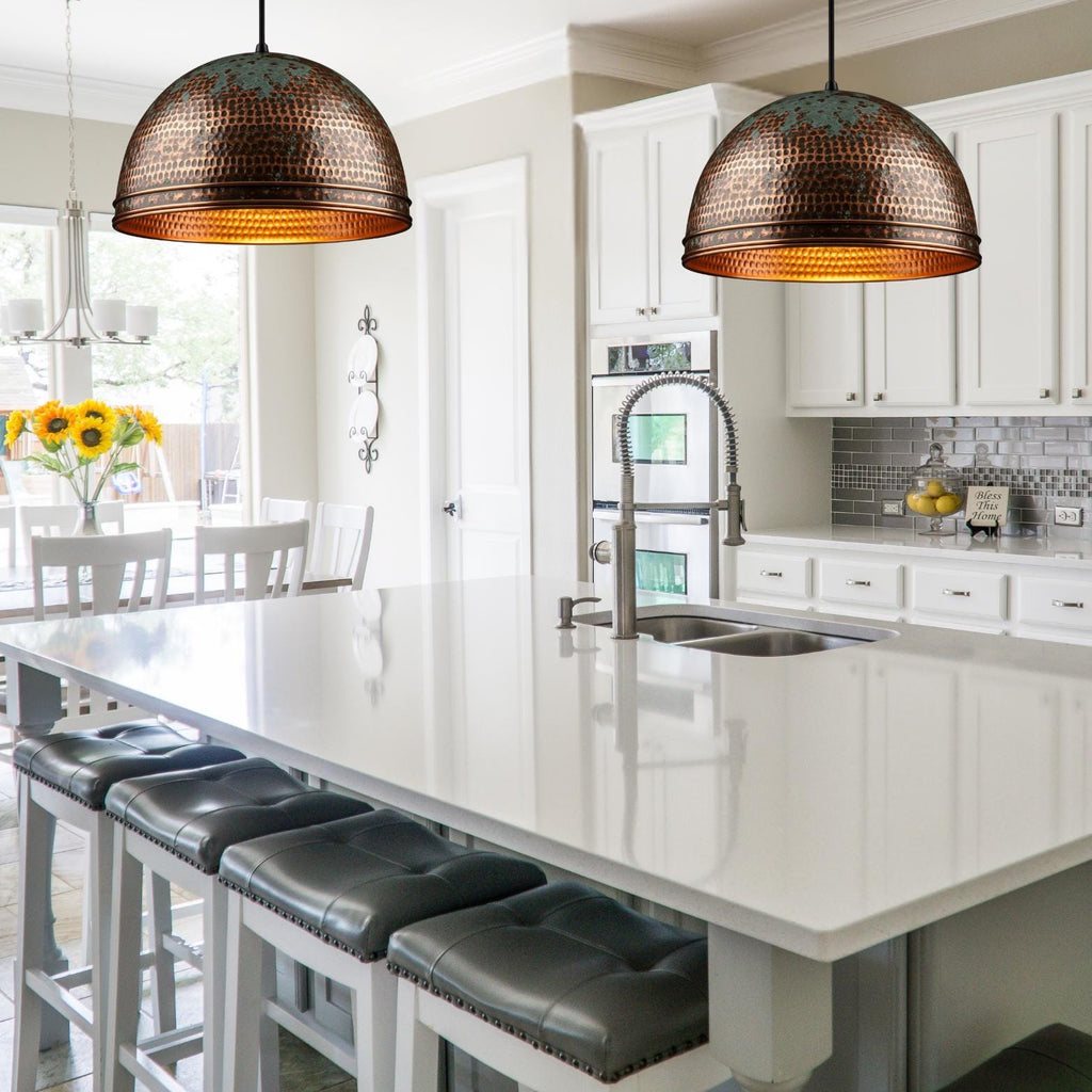 Hammered Honeycomb Dome Pendant, Polished Copper & Green Patina Light, Industrial Farmhouse Lamp