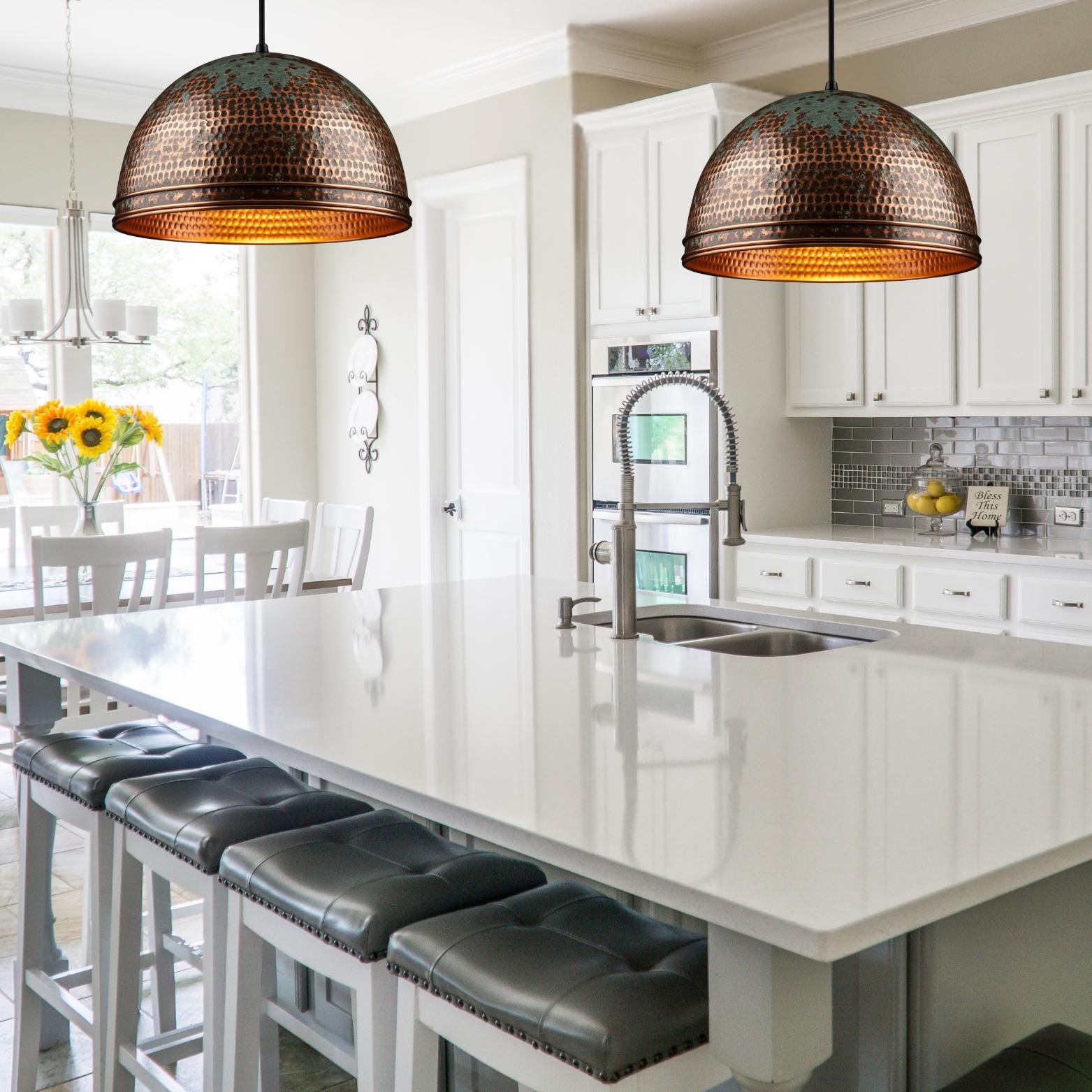 Hammered Honeycomb Dome Pendant, Polished Copper & Green Patina Light, Industrial Farmhouse Lamp