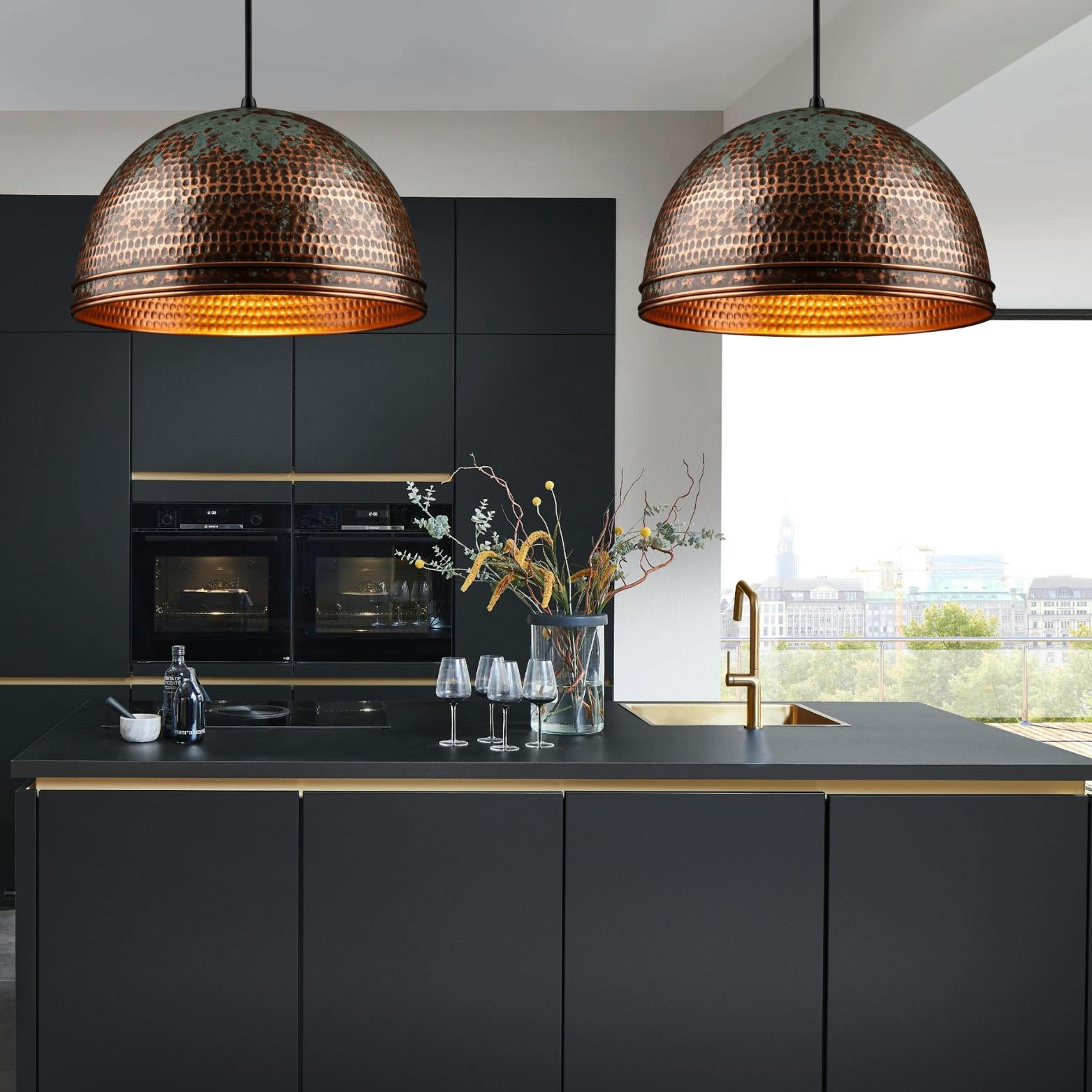 Hammered Honeycomb Dome Pendant, Polished Copper & Green Patina Light, Industrial Farmhouse Lamp