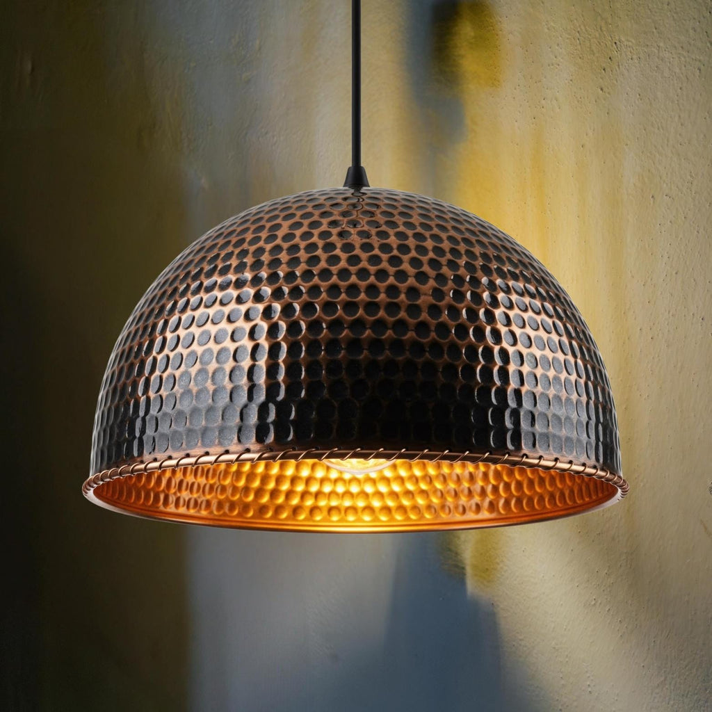 Industrial Dome Pendant Light, Blackened Oxidized Copper Lamp, Hammered Honeycomb, Modern Kitchen Lighting