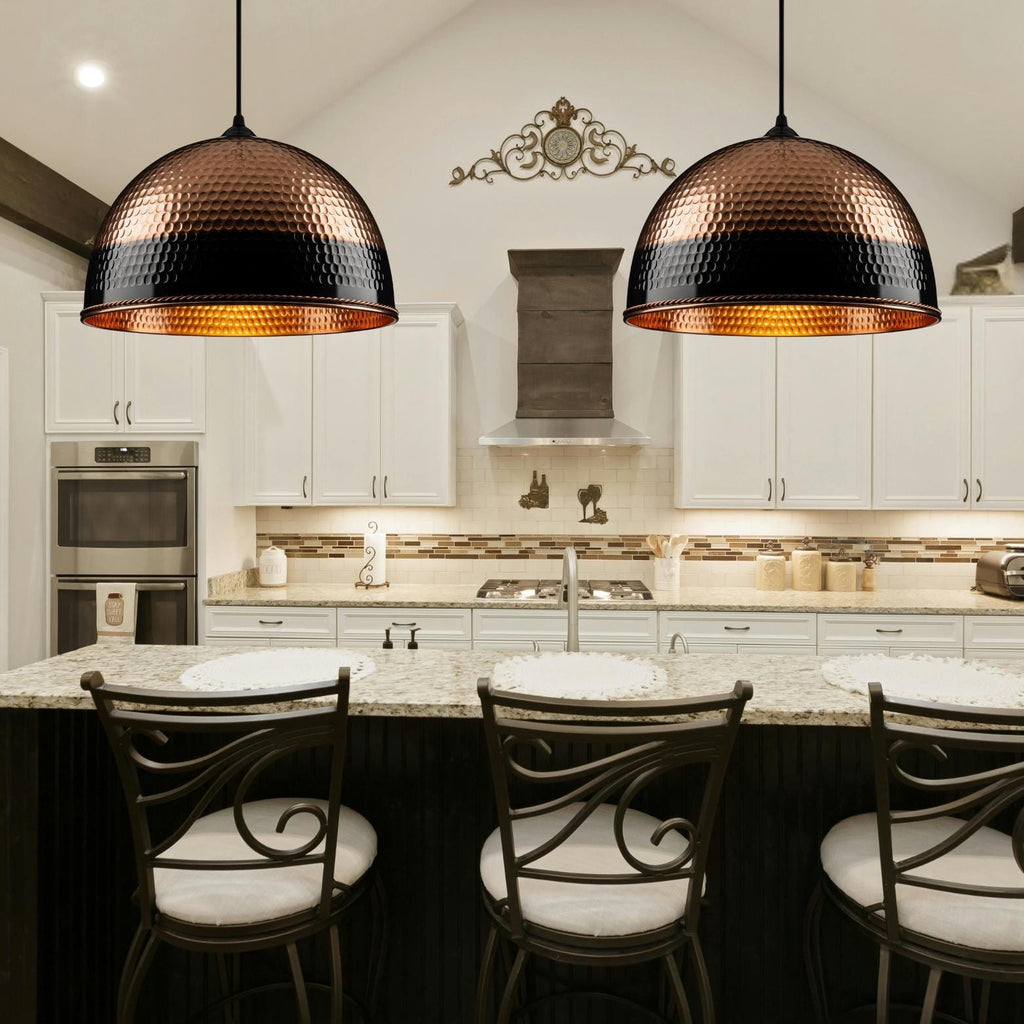 Modern Black and Copper Dome Pendant, Two-Tone Hammered Honeycomb Lamp, Industrial Chic Lighting