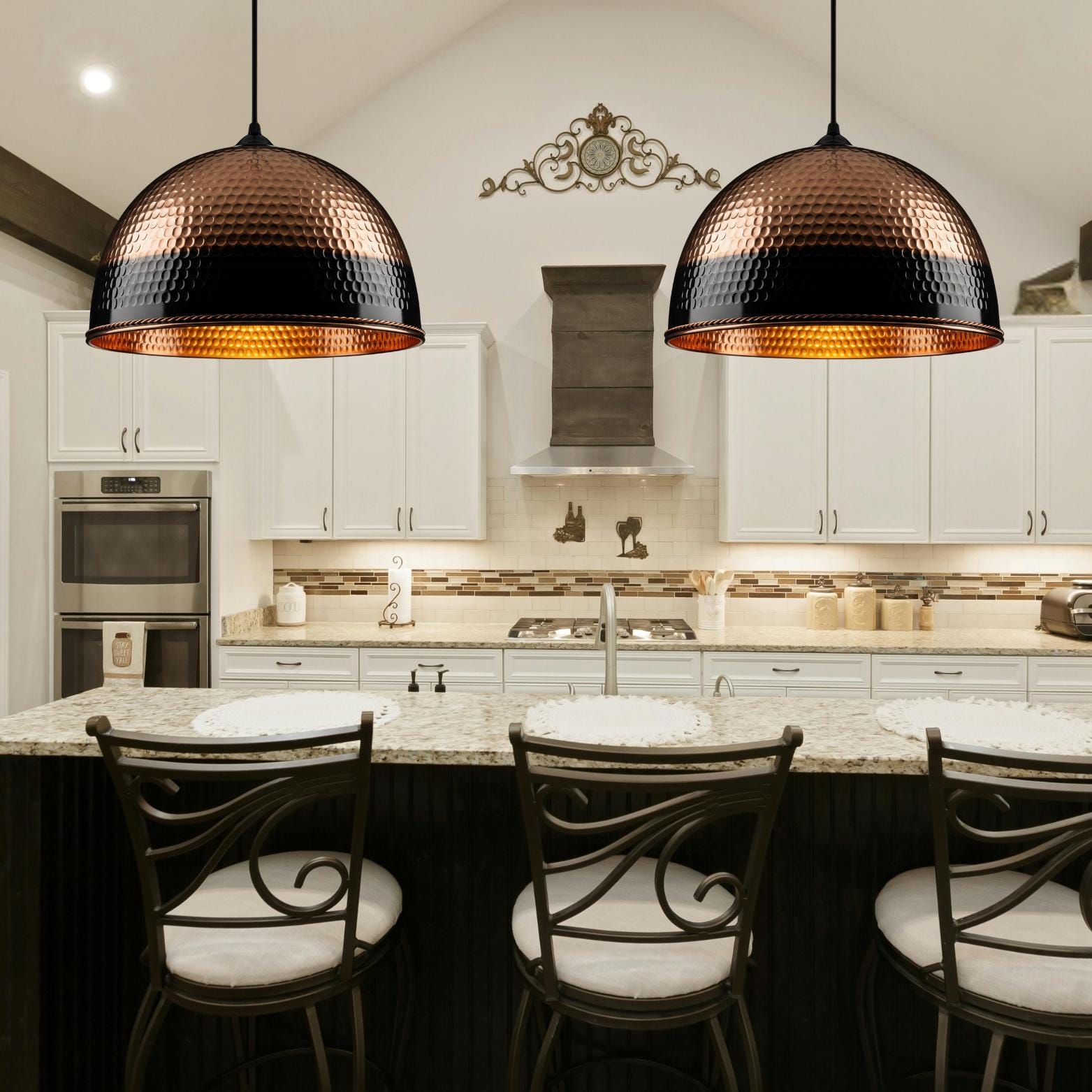 Modern Black and Copper Dome Pendant, Two-Tone Hammered Honeycomb Lamp, Industrial Chic Lighting