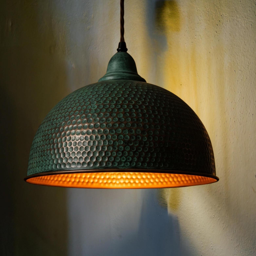 Hand Hammered Copper Bell Pendant Light: Green Patina Honeycomb Lamp
