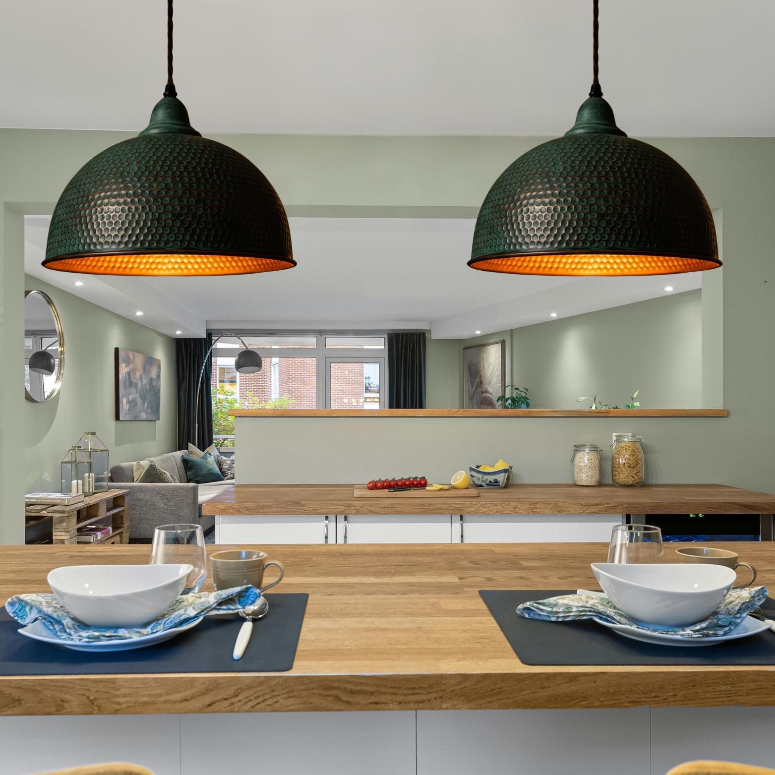 Hand Hammered Copper Bell Pendant Light: Green Patina Honeycomb Lamp