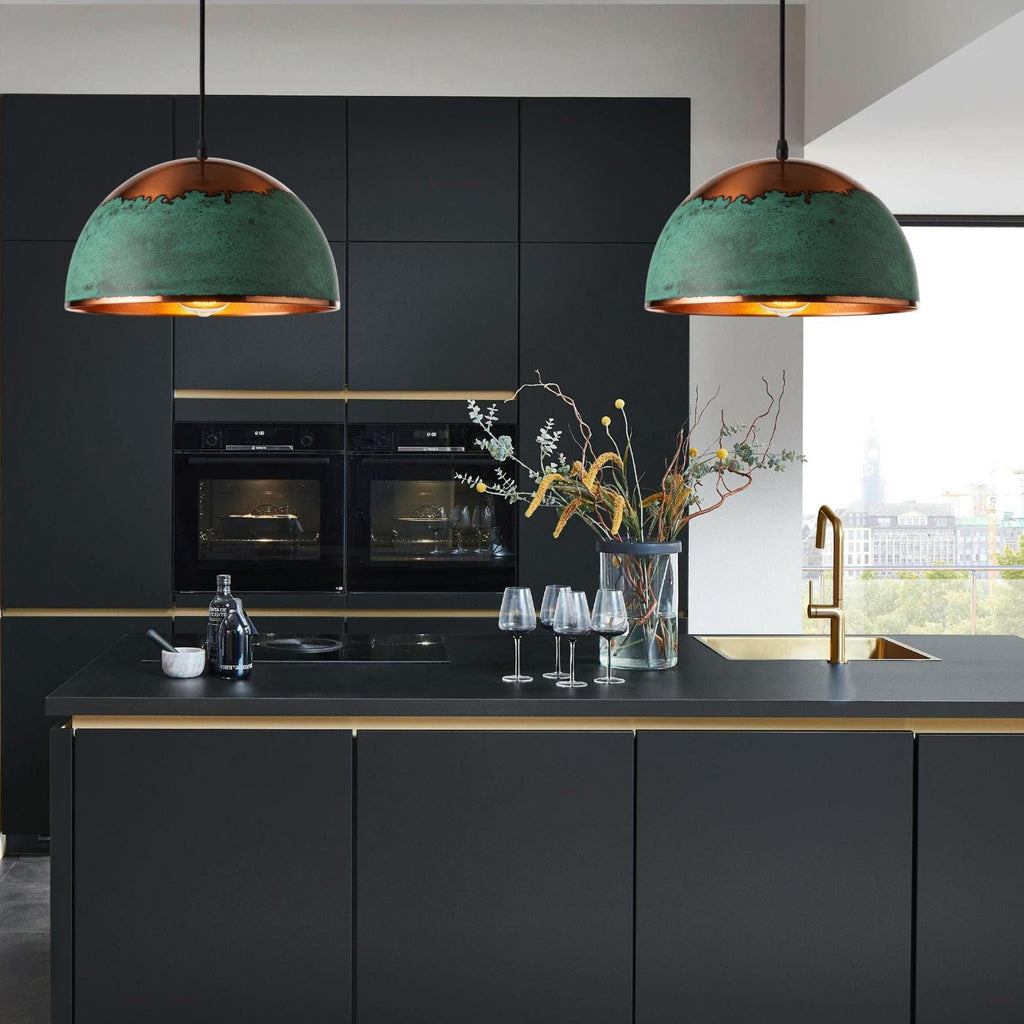 Copper Dome Pendant Light: Green Patina Drip, Coastal Kitchen Lighting