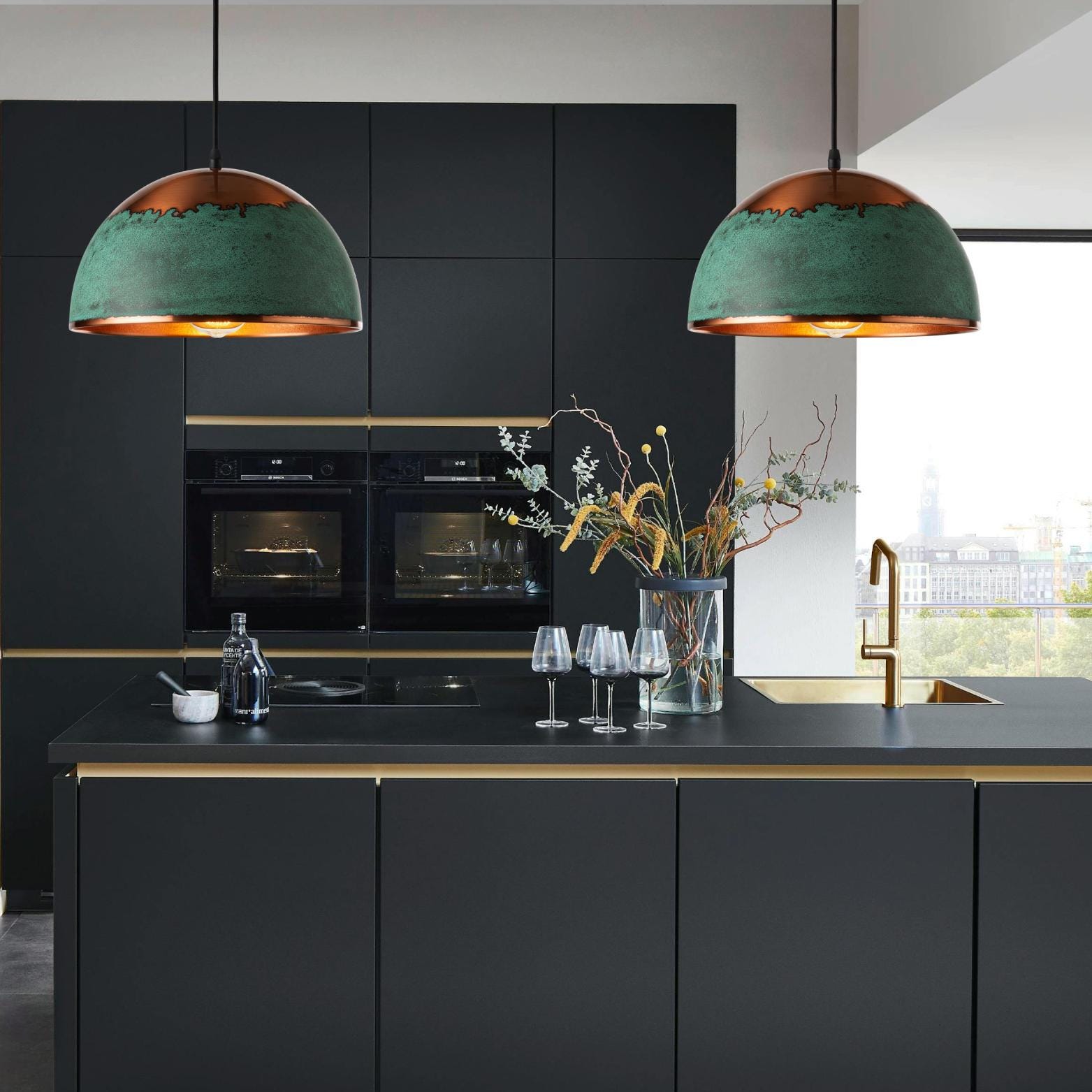 Copper Dome Pendant Light: Green Patina Drip, Coastal Kitchen Lighting