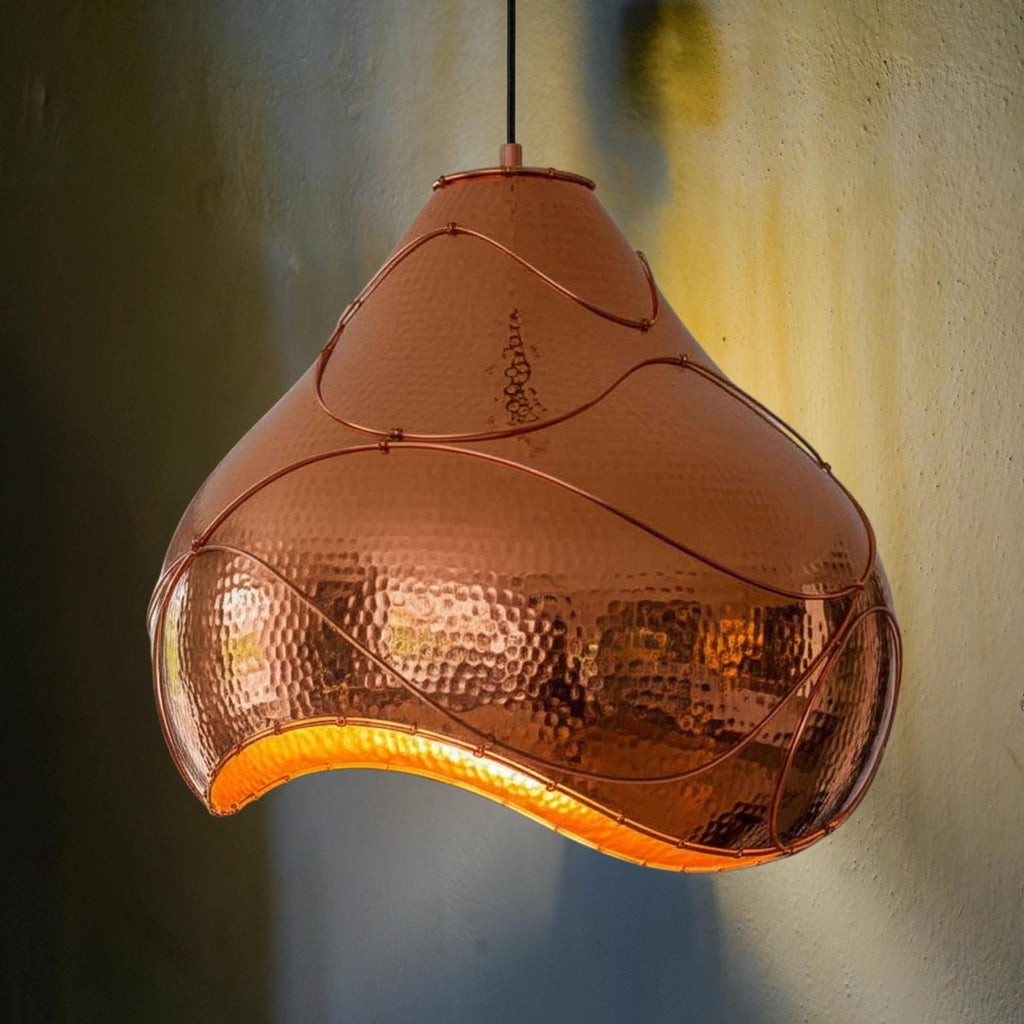 Artisan Copper Wave Lamp, Unique Hammered Ceiling Fixture,Hand-Hammered Copper Pendant with Dynamic Form