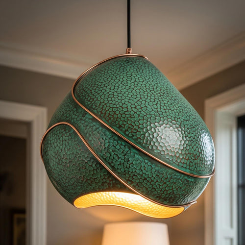 Hammered Copper Wave Lamp: Emerald Verdigris Patina, Artisan Moroccan Light