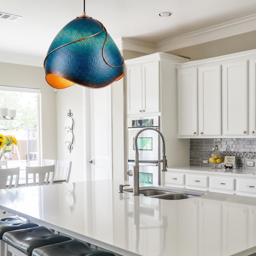 Hand-Hammered Copper Pendant Light: Blue Patina Statement Ceiling Fixture