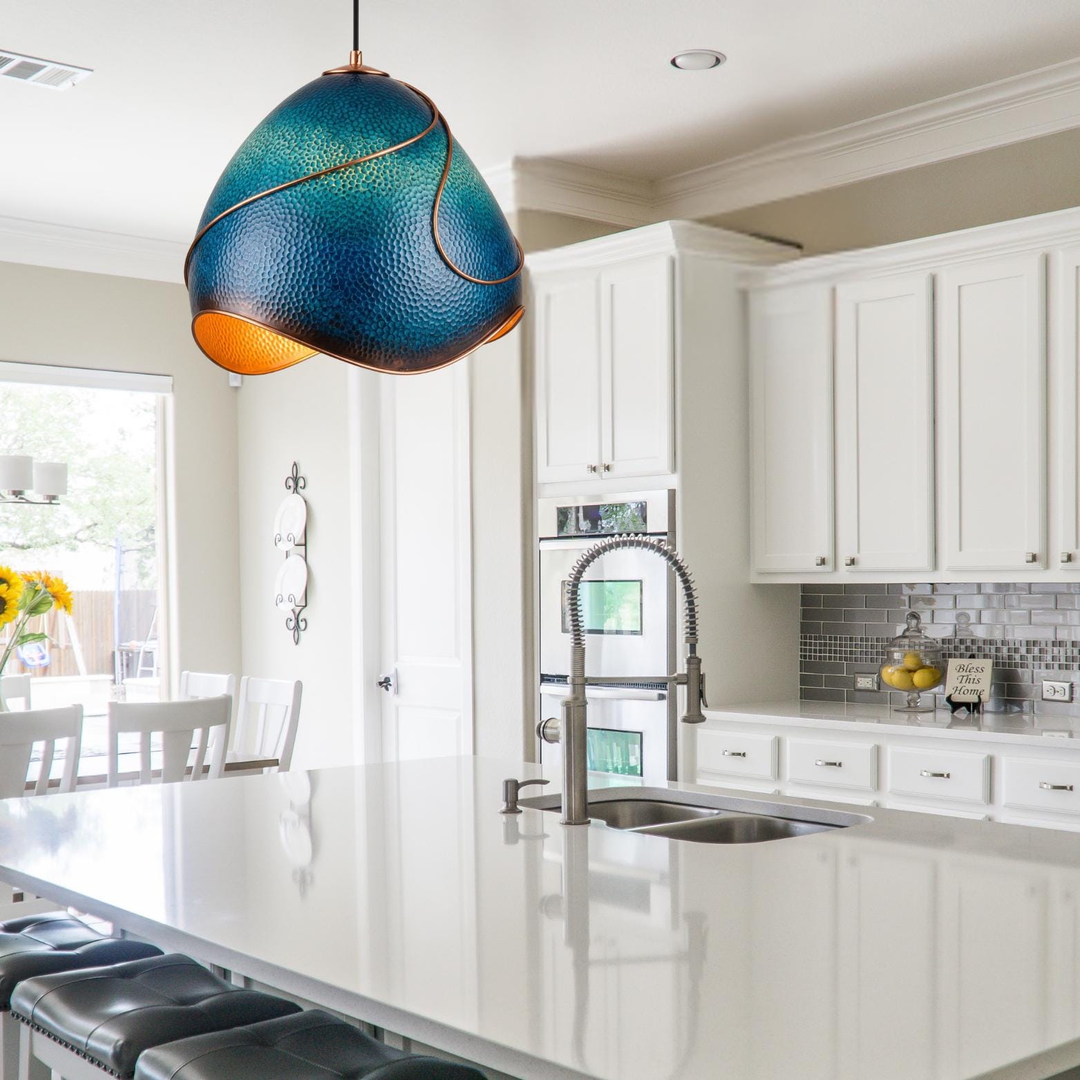 Hand-Hammered Copper Pendant Light: Blue Patina Statement Ceiling Fixture