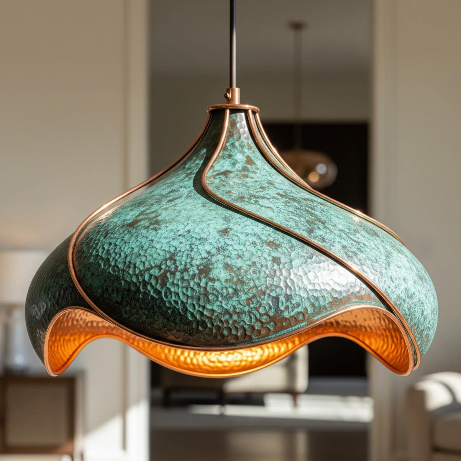 Hand-Hammered Copper Lotus Pendant Light: Verdigris Patina, Moroccan Lighting