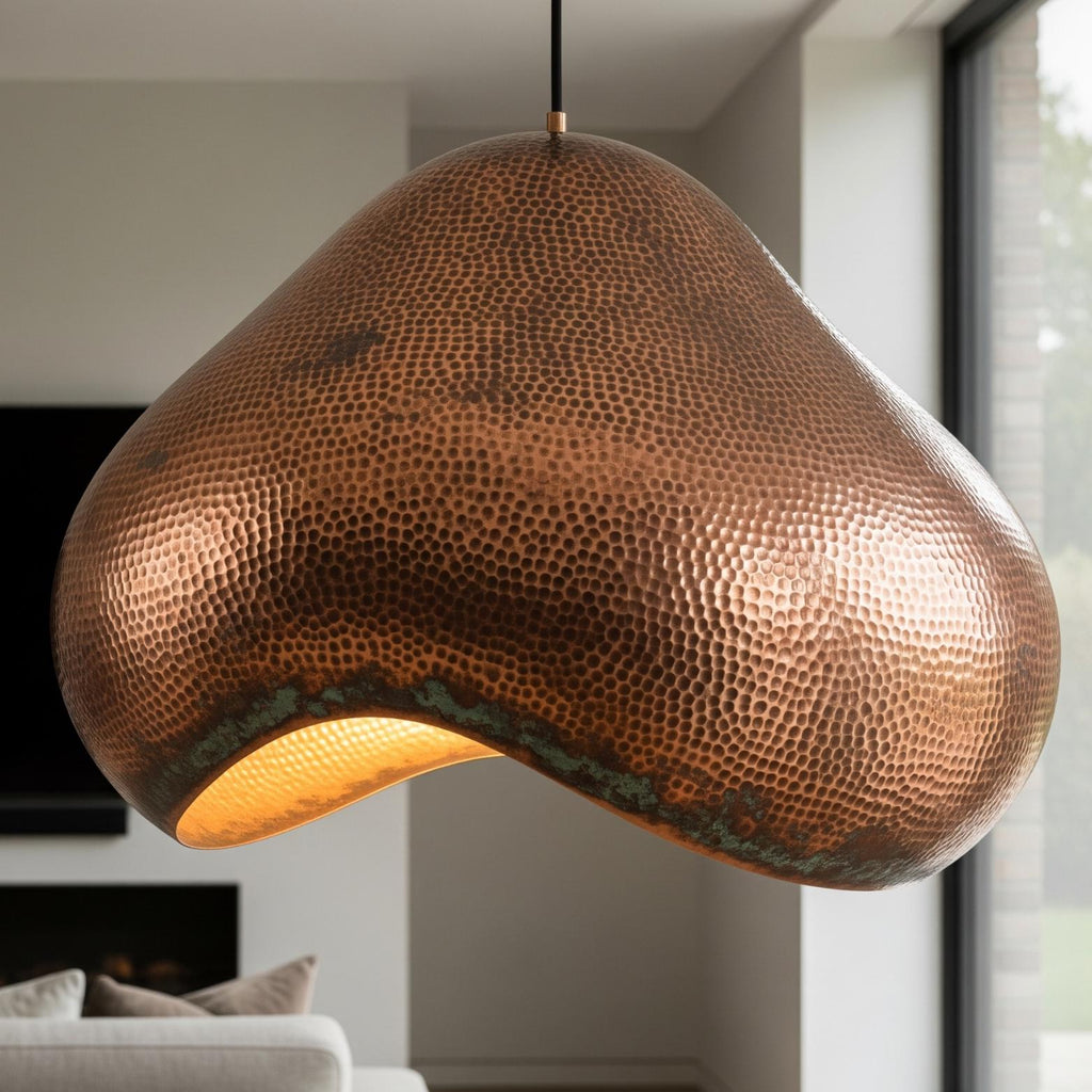 Hand-Hammered Copper Cloud Lamp: Asymmetrical Patina Pendant Light