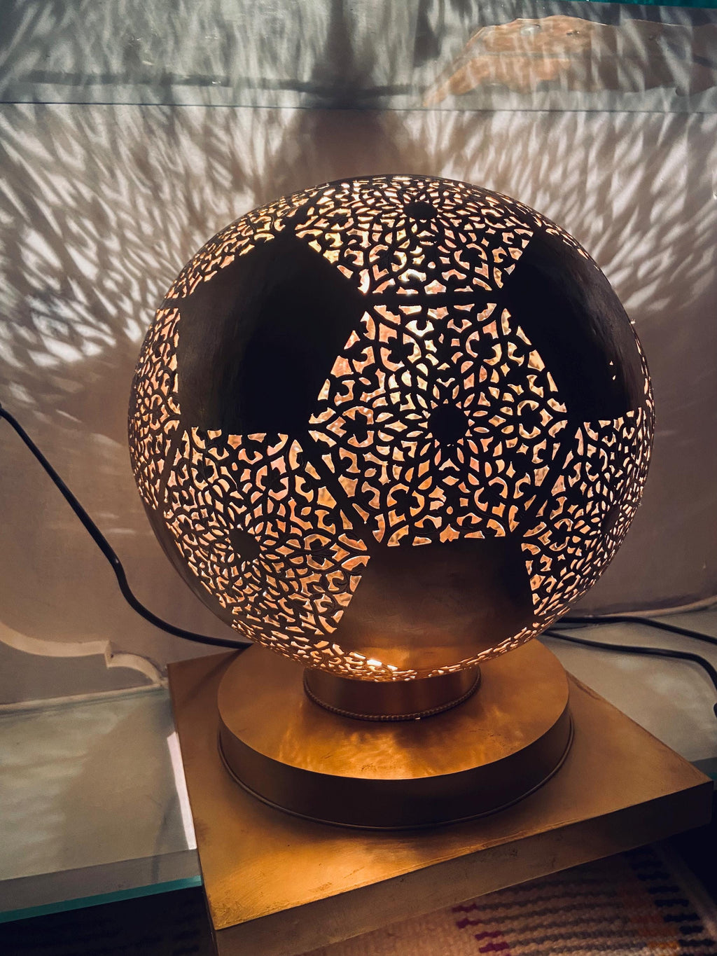 Handmade Moroccan Brass Globe Lamp: Pierced Sphere Shadow Light