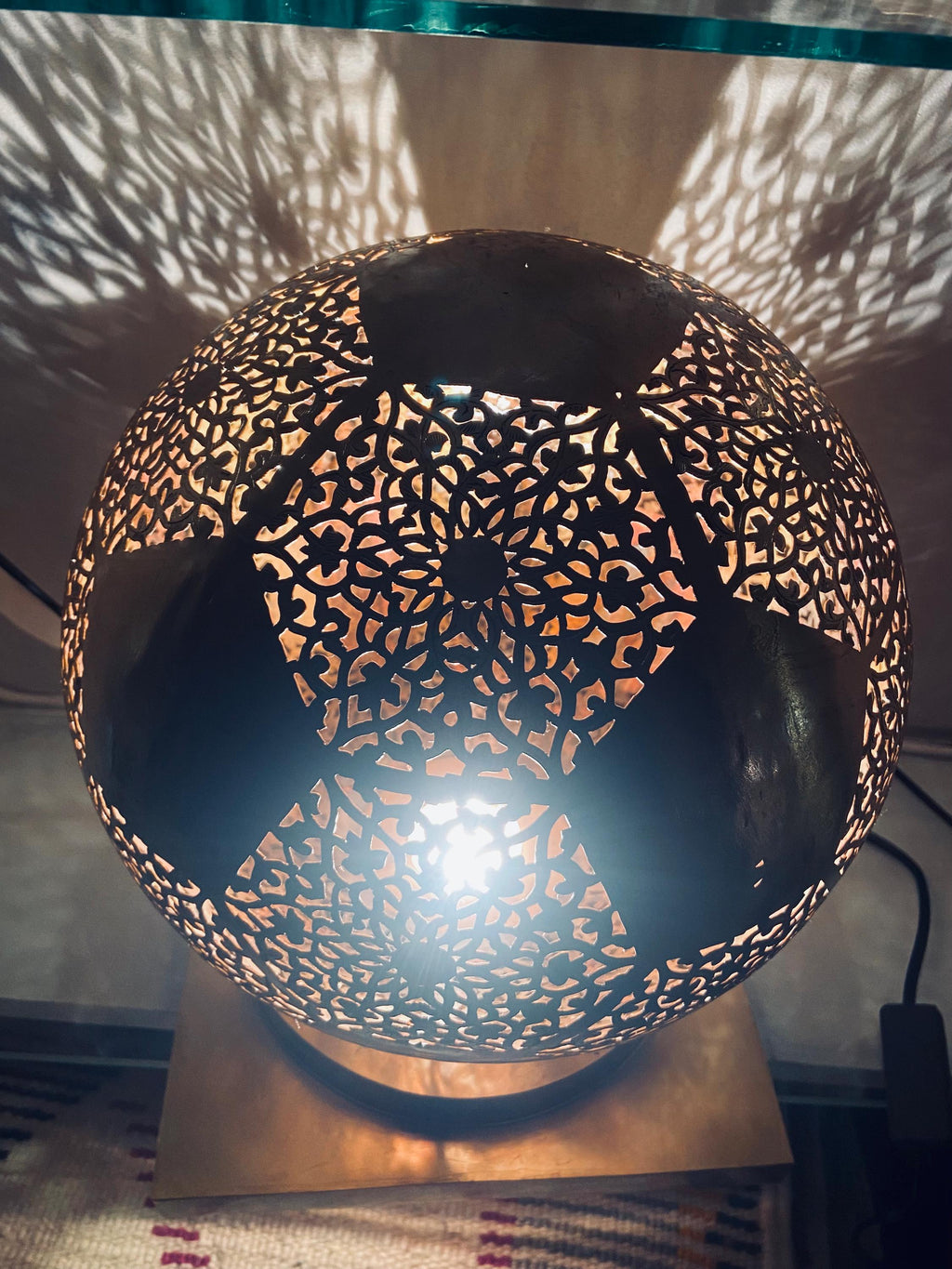 Handmade Moroccan Brass Globe Lamp: Pierced Sphere Shadow Light
